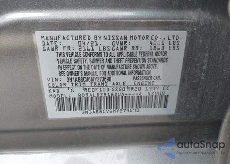 2021 Nissan Sentra Sv Xtronic Cvt z USA, uszkodzony, nr VIN 3N1AB8CV6MY273690